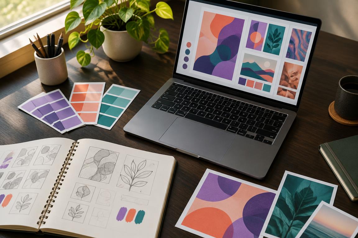A work desk with sketches, violet, coral and teal color swatches, and a laptop showing concept designs.